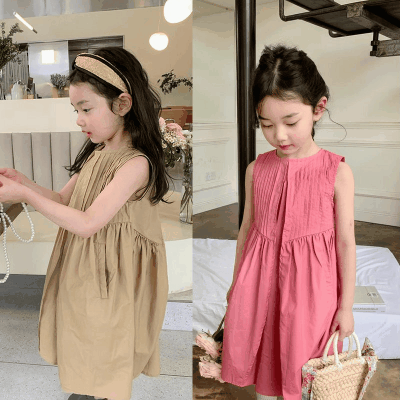 夏 韓国風子供服 シンプル ガール ノースリープ シフトドレス ワンピース ゆったり ワンピ 7-15