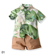 夏子供服 マルチカラーラペル花柄シャツ ショートパンツ 2点セット 男の子