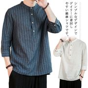 綿麻シャツ メンズ トップス 春夏 7分袖 綿麻混 ストライプ 和風 カジュアルシャツ ビ