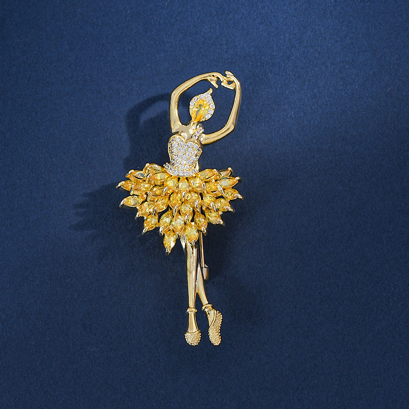 イエロージルコン バレエ少女のブローチ 絶妙なコサージュ バレエアクセサリー  14Kゴールド