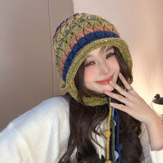ニット帽子　バラクラバフードウォーマー 　レディース帽子　韓国ファッション　リボン　秋冬