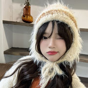 ニット帽子　ファー　リボン付き　レディース帽子　デザイン　韓国ファッション　秋冬