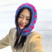 ニット帽子　バラクラバフードウォーマー　レディース帽子　韓国ファッション　ボーダー柄　秋冬