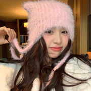 レディース帽子　猫耳帽子　シャギー　リボン　韓国ファッション　秋冬　かわいい　全6色