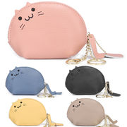 5色 かわいい 猫 小銭入れ キーリング付き 本革 ミニ財布 キーケース ファッション 猫雑貨