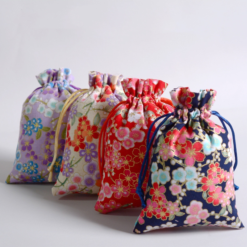 4色 和柄 巾着袋 小物入れ 花柄 桜 和風 綿と麻 巾着袋 ギフトバッグ 