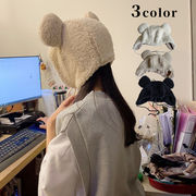 クマ耳帽子　リボン付き　レディース　韓国ファッション　デザイン　秋冬　全3色