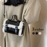 ★全3色★　PUバッグ　可愛いファー付きボストン　ミニショルダーバッグ　韓国バッグ