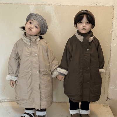 秋冬 ユニセックス ナチュラル系 韓国風子供服 ロングコート 暖かく 厚手上着 裏ボア裏起毛 80-150