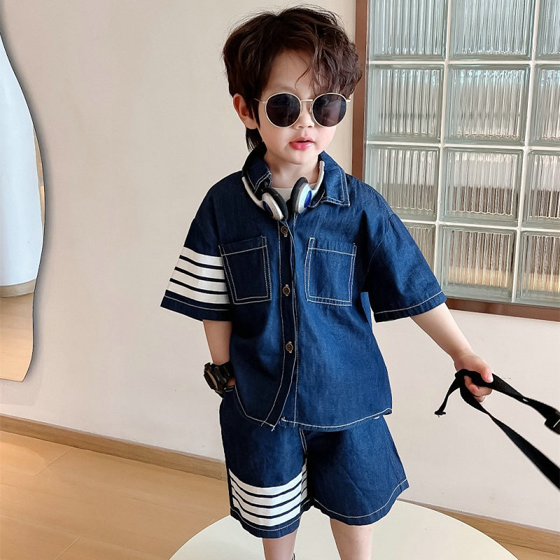 キッズセットアップ 男の子上下セット デニムシャツ+パンツ 夏服 韓国