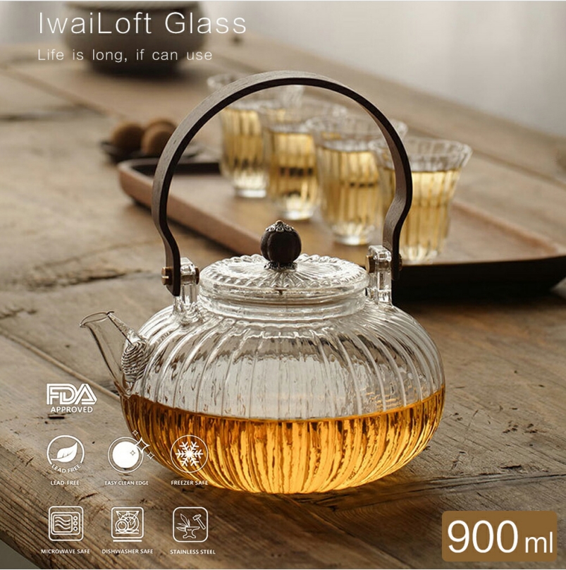 IwaiLoft 贅 耐熱ガラス ティーポット 茶こし付き クルミ持ち手 ガラス製ポット ガラス急須