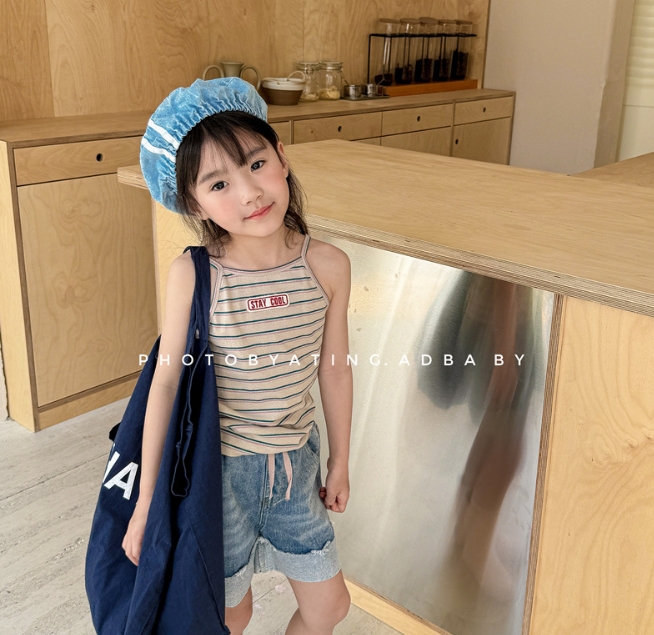 2024 韓国風子供服  ベビー服  キャミソール トップス 英文字柄   ボーダー柄   インナー 2色