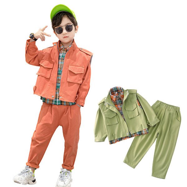 韓国子供服 セットアップ キッズ 男の子 3点セット チェック柄シャツ+ベスト+カジュアルパンツ