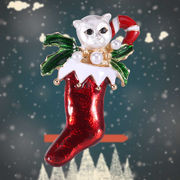 パール 猫のブローチ クリスマスアクセサリー  クリスマスソックスブローチ 女性コサージュ 猫の雑貨