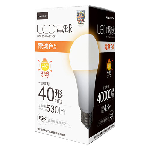 【10個セット】 HIDISC LED電球(一般電球40形相当) 電球色 HDLED40W