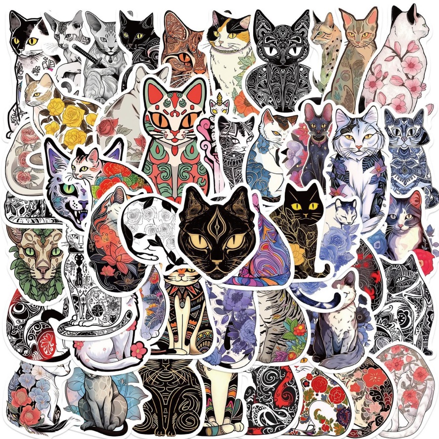50枚入り  猫のステッカー  花柄の猫  刺青のある猫   魔法の猫  手帳素材  シール  防水 猫雑貨
