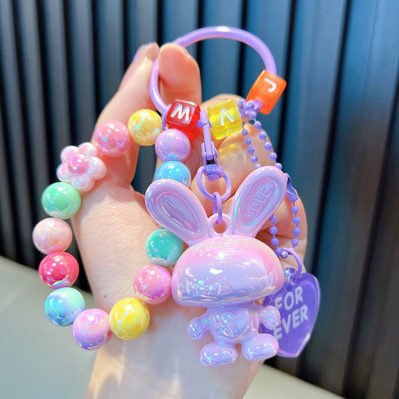 7色 アクリル サッウサギのキーホルダー カラフルなビーズ キー