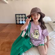 子供用Tシャツ、2024年夏の新しい韓国風タイガー半袖、子供用ラウンドネックの薄いルーズトップス