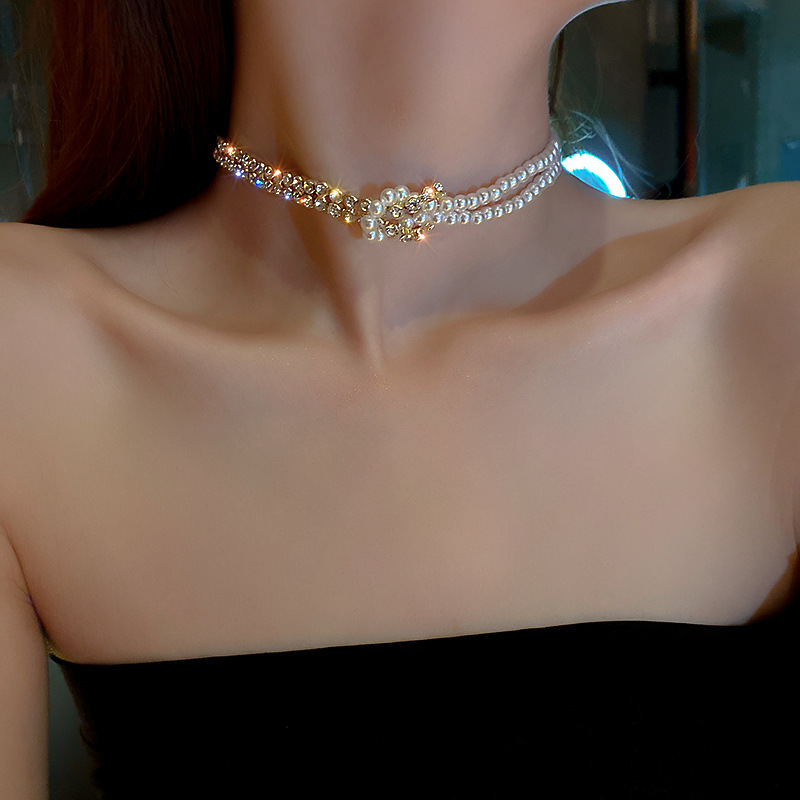 贅沢 パールラインストーン ネックレス 韓国のファッション 鎖骨チェーン