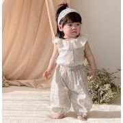 韓国スタイルの女の赤ちゃんスーツ 2024 薄い甘いラペルトップ花柄防蚊パンツ 2 点セット