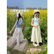 女の子の夏のツーピースセット新しい中国風の女の子の巾着トップ+ワイドレッグパンツとスカートセット