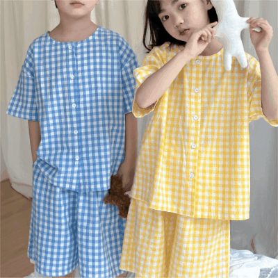 韓国風子供服 2024春夏 姉妹兄弟コーデ 男女 チェック柄 上下セット トップス+ズボン 80-150cm 4色
