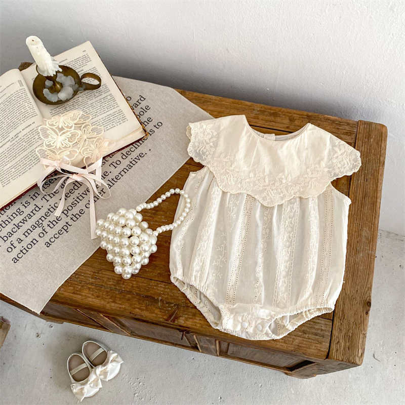 2024夏新作　ベビー服　女の子　大きな襟　ノースリーブ　ロンパース　刺繍　カバーオール　可愛い　子供服