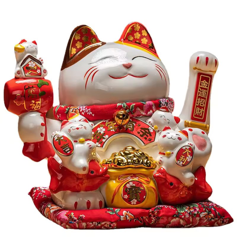 電動招き猫 白磁製 座布団付 電池/USB 商売繁盛 八方来財 開店祝い ギフト 電動招き猫 白磁製 大型 電池/USB 座布団付 ネコ 開店祝い 自動で腕