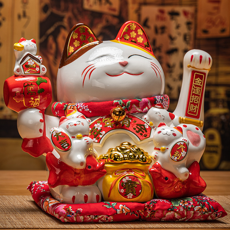 電動招き猫 白磁製 大型 電池/USB 座布団付 ネコ 開店祝い 自動で腕