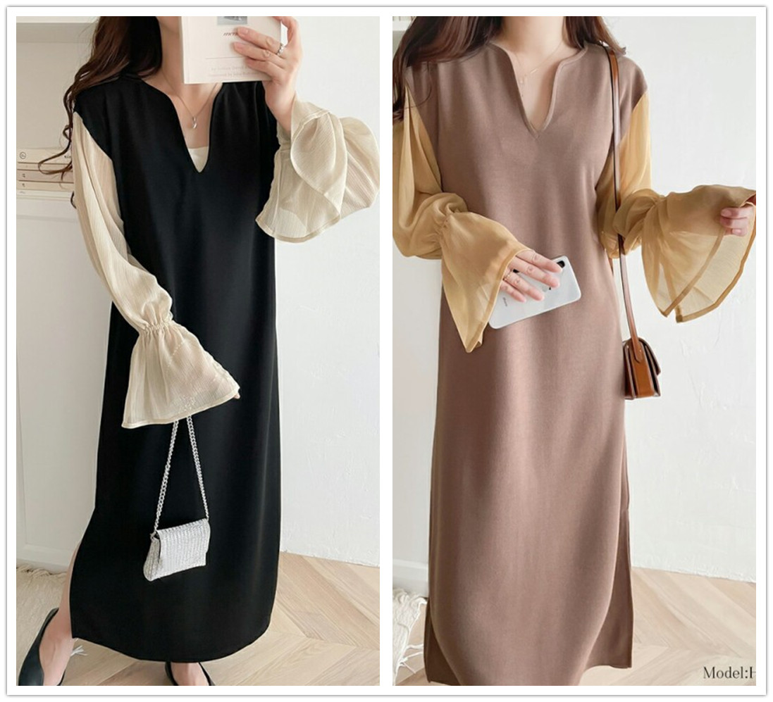 2026年秋新作 ワンピース レディース ロングワンピ 異素材 きれいめ おしゃれ 韓国風