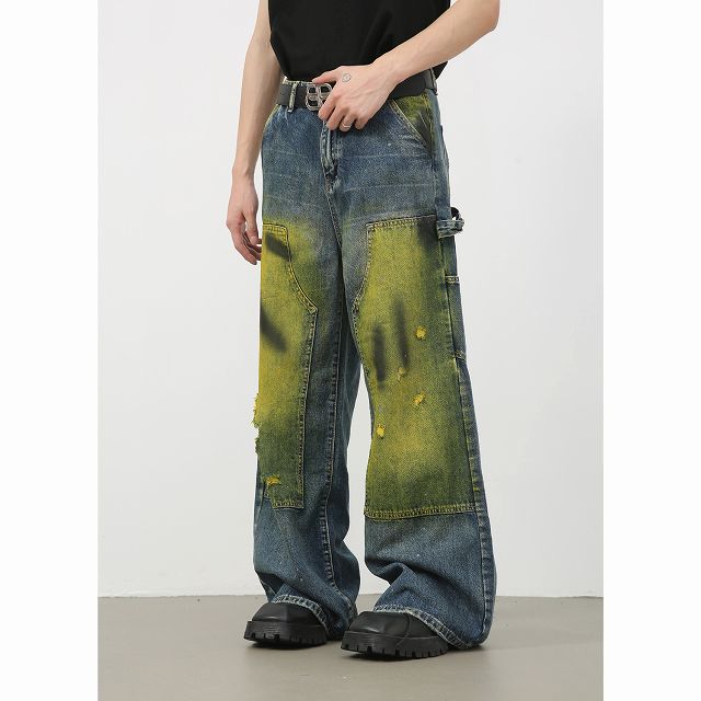 メンズ ダメージ加工 ビンテージ風 デニム パンツ 男女兼用 ストリート