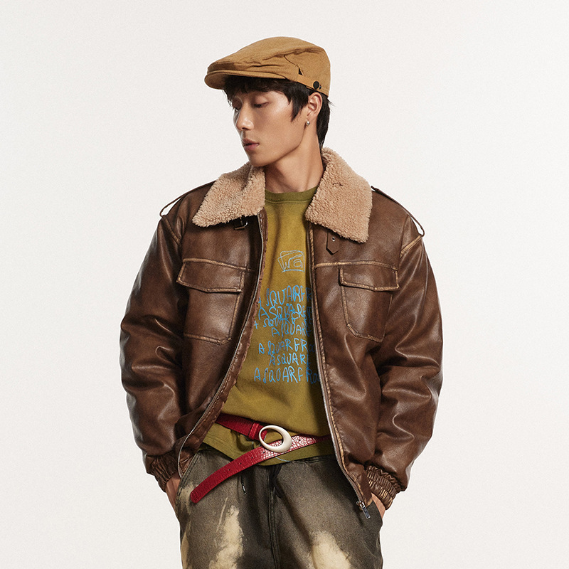 メンズ ビンテージ風 PU ジャケット 男女兼用 ストリート系 防寒