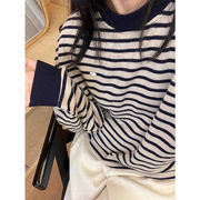 今季マストバイ   長袖 防寒 厚手 レトロ ストライプ柄  トップス  ラウンドネック