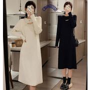 レデイース服　ワンピース　秋冬新作　ファッション　ロングワンピース　透かし彫り　ニット生地　2色展開