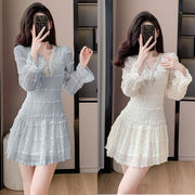 ラッフル シフォンワンピース フリル Vネックワンピース 長袖 ミニドレス キャンディスリーブ ショート