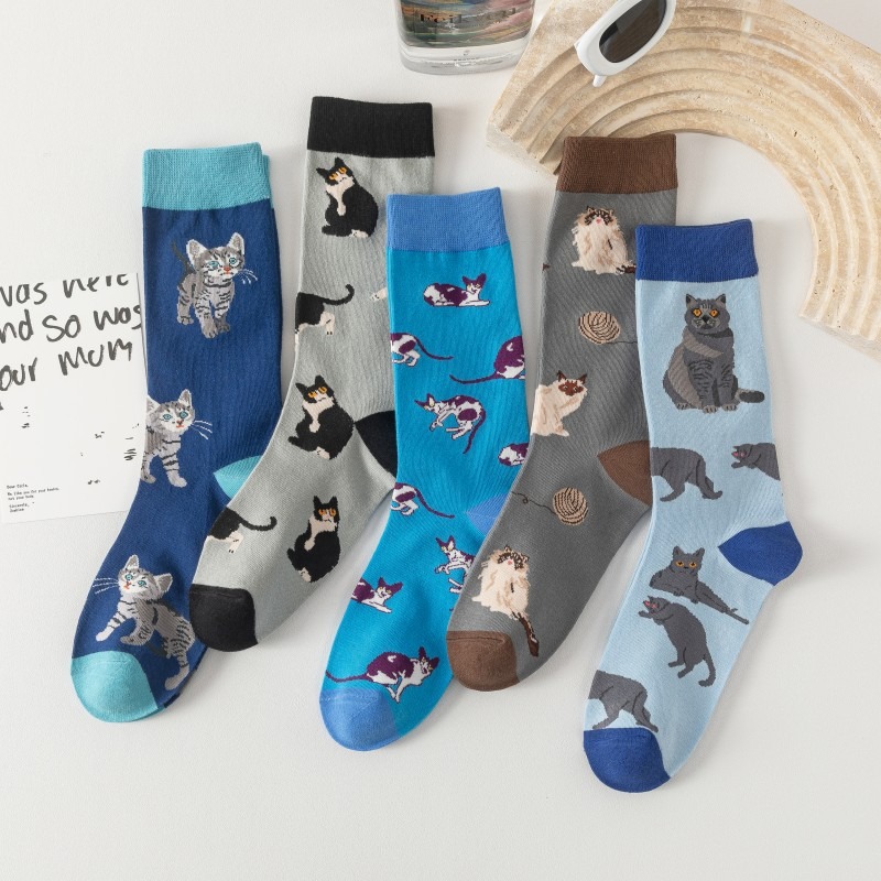 5色  猫柄靴下  レディース  ファッション   コットンソックス   猫 ねこ ネコ  動物柄靴下    猫雑貨