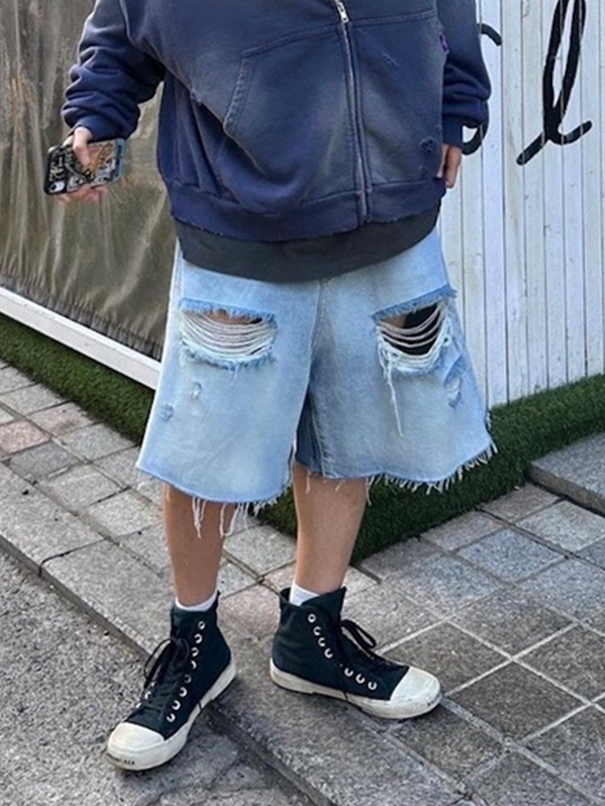 メンズ ダメージ加工 デニム ショートパンツ 男女兼用