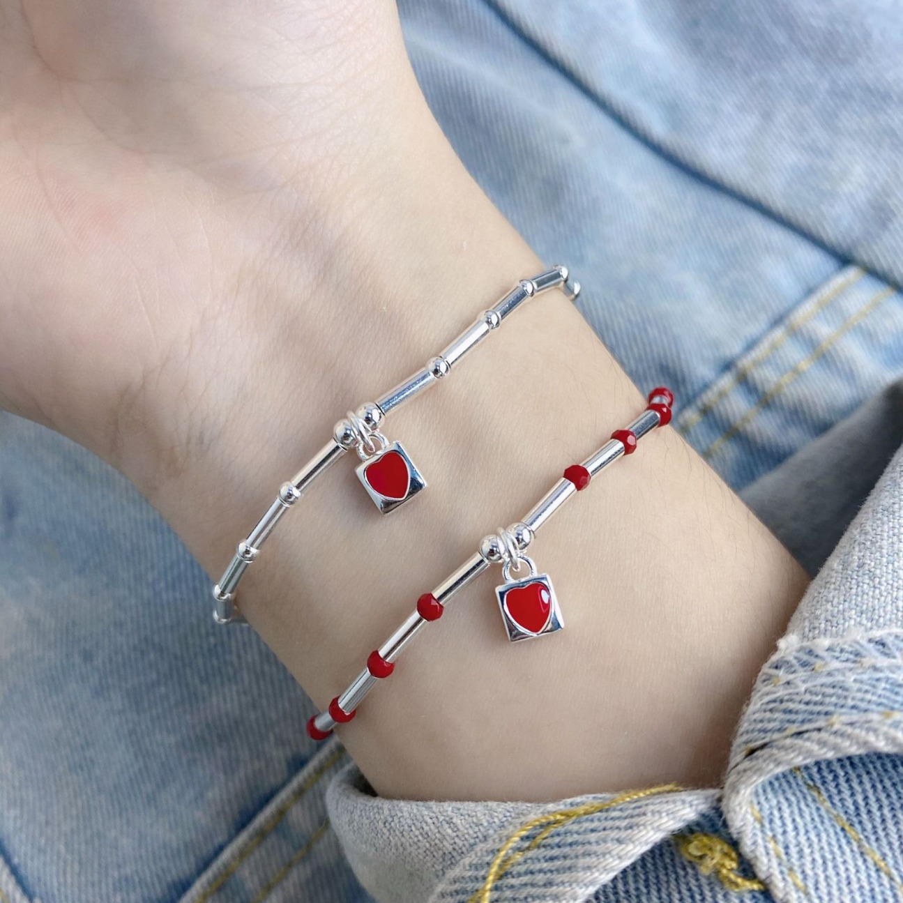 赤いハートチャームブレスレット S925 シルバーアクセサリー アレルギー対応 おしゃれ 大人かわいい 上品