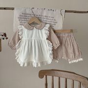 2025春新作 ベビー服女の子チェック柄2点セットOR３点セットORレース付けエプロン