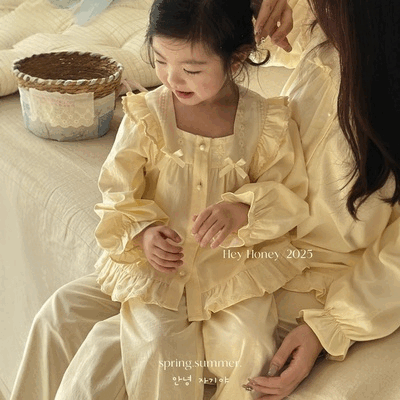 2025春新作 親子コーデ☆部屋着 韓国風女の子フリル付きルームシェアパジャマ2点セット全8色