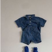 2025夏新作 韓国風 キッズ服 デニム  トップス プ&ハーフパンツ ツーセット 2色  73-100cm