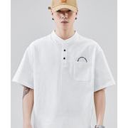 TSHEKスタンドカラーポロシャツ、メンズTシャツ、半袖ゆったり新作綿100%トップス