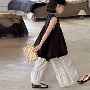 子供用シャツ 2025年 夏 女の子 韓国風 フリル付きトップス 子供 ストライプ ワイドパンツ 2点セット