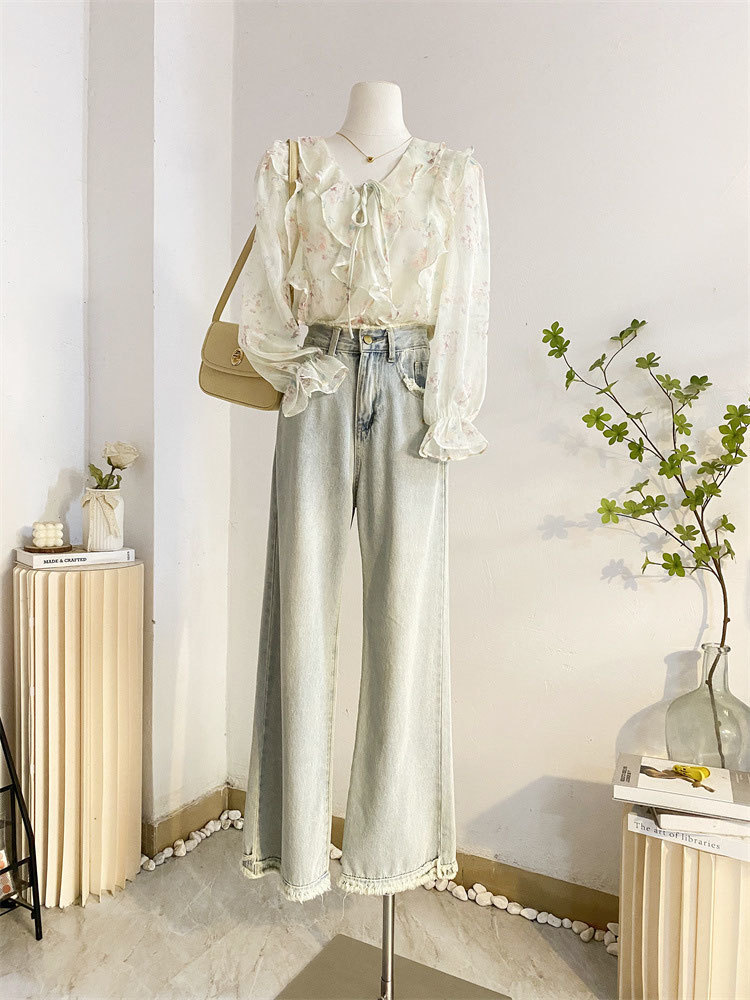新作花柄シフォンシャツ長袖シャツ