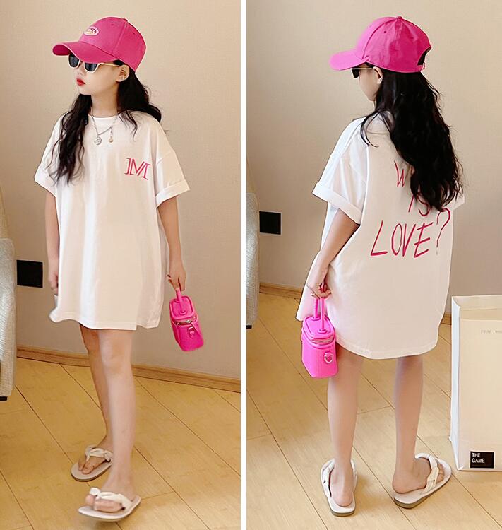 2025 夏新作 ゆとりが 綿 半袖 Tシャツ 女の子 夏服 韓国版 洋風 ロングタイプ  子供服 110~170cm 3色