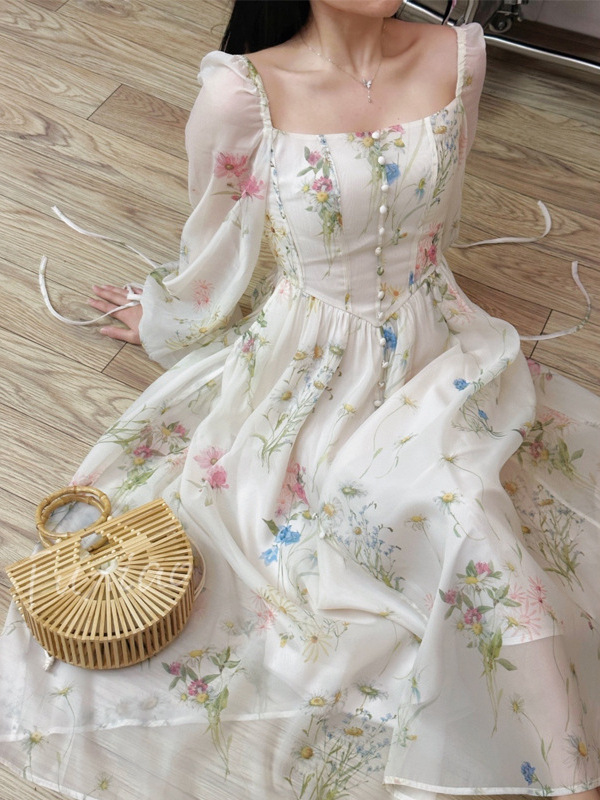 シフォンワンピ アイボリー パーティードレス ミモレ丈ワンピース S M L 2L 春夏 花柄ワンピース ロング