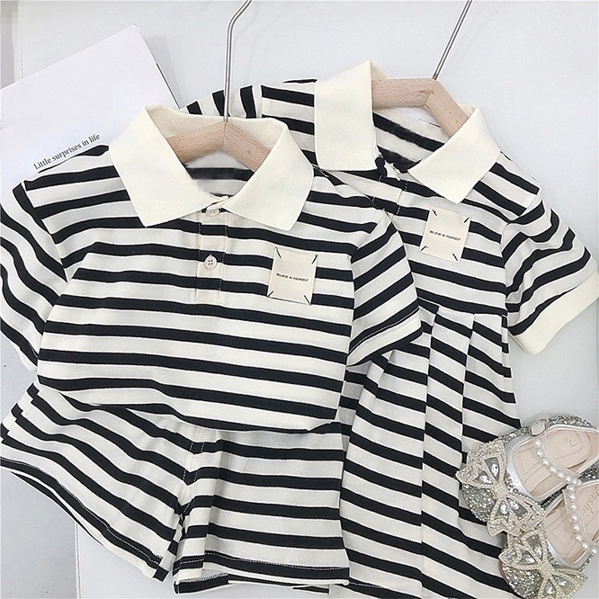双子コーデ 1~2歳男女ベビー夏服 女の子ストライプ半袖POLOワンピース
