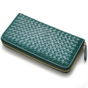 MOMO　シープレザー羊革　編み込みメッシュ　男女兼用　ラウンドロングウォレット　E-031M　緑