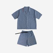 メンズ サマーセットアップ ゆったりキューバカラー半袖シャツ＆ショーツ 上下セット カジュアル★