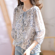TGG☆リボン付きフェイクシルクシャツ レディース2025春 レトロペイズリー柄 高級感トップス